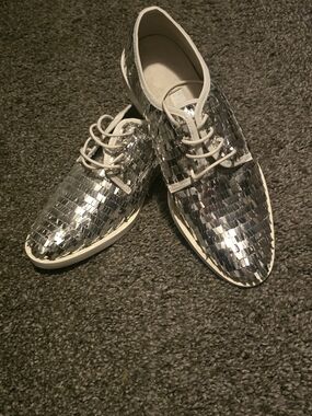 NWT- Miista- Silver Sequin Lace-Up Loafers